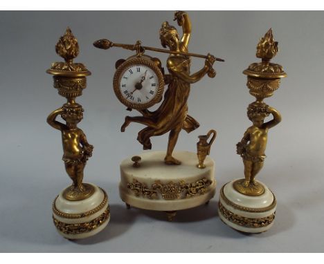 A Nice French Ormolu and Alabaster Figural Clock Garniture, The Barrel Time Piece in the Form of a Drum with Cymbals Being Ca