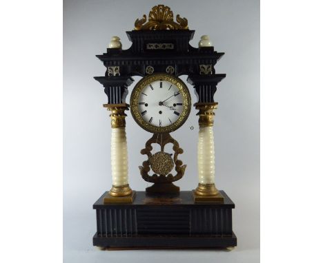 A Late 19th Century Austrian Musical Portico Clock on Ebonised Plinth Base with Alabaster Supports, Gilt Decoration and Mothe