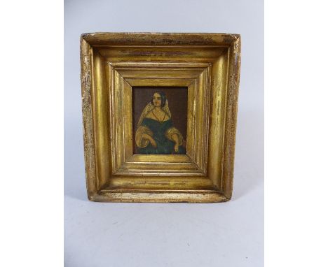 A 19th Century English School Oil on Panel Portrait of a Seated Lady in Original Gilt Wood Frame. 8x6cm