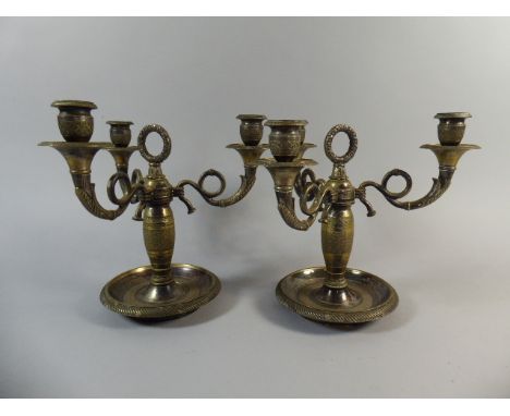 A Pair of Heavy Late 19th Century French Brass Three Branch Candelabra. Decorated with Geometric Embossed Decoration, Banding