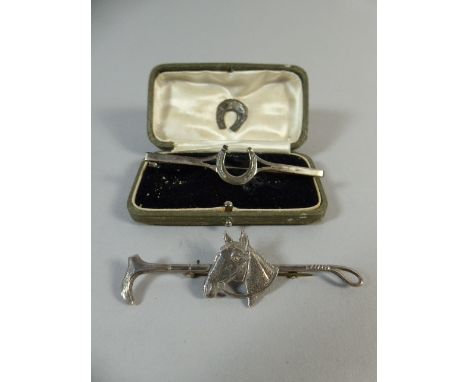 Two White Metal Hunting Tie Pins, Horse and Crop and Horseshoe.