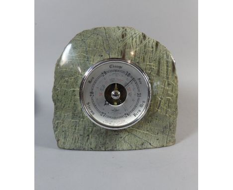 An Art Deco Carved Cornish Serpentine Marble Aneroid Barometer. 20cm Wide.