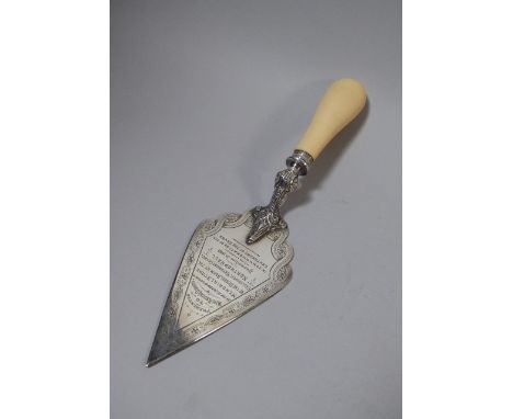 A Late Victorian Ivory Handled Silver Plated Presentation Trowel with Silver Band. Inscribed 'Presented to Miss Hannah Owens 