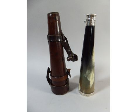 A Good Quality 19th Century Leather Cased and Silver Mounted Horn Saddle Flask. Twist Fastening Hinged Top Monogrammed C.H. B