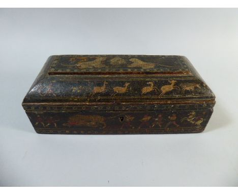 An Early 19th Century Teak Sarcophagus Writing Box with Hinged Lid to Fitted Interior and Removable Pen Tray. Hand Painted De