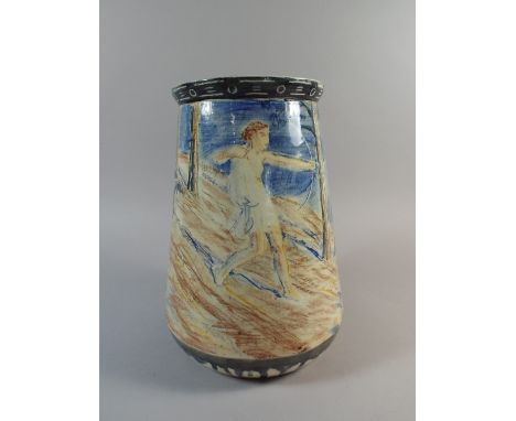 A French Glazed Stoneware Vase with Handpainted Hunting Scene Depicting Deer Pursued by Archers and Hounds. Signed R Drouart,