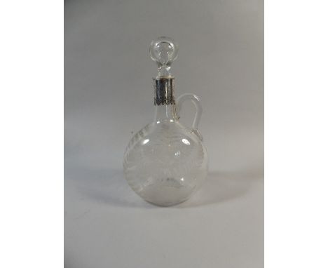 A Silver Mounted Victorian Claret Flask with Etched Foliate Decoration to Body and Stopper. Nice Quality Silver Collar with H