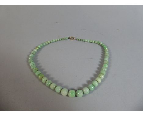 A Good Edwardian Jade Bead Necklace, With Spherical Graduated Pale Green Beads on Gold Wire Chain and with Gold Clasp.