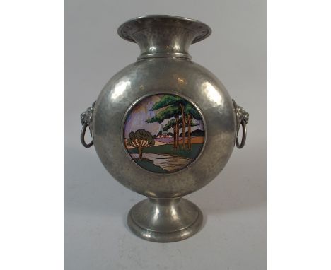 A Homeland Pewter Moon Flask with Lion Mask Ring Carrying Handles, Turned Foot which is Mirrored to Top. Centre Roundel with 