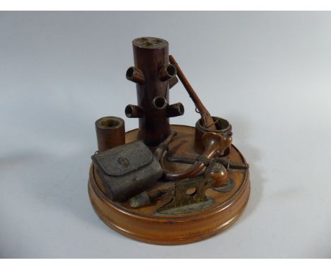 A 19th Century Continental Gentlemans Novelty Wooden Smokers Stand on a Hunting Motif with Tree Trunk Cigar Holder, Match Hol