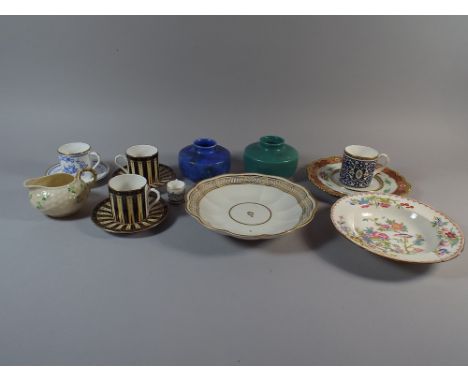 A Collection of Ceramics to Include Belleek Cream Jug, Two Chameleon Squat Vases, Royal Worcester Coffee Cans, Derby Scallope
