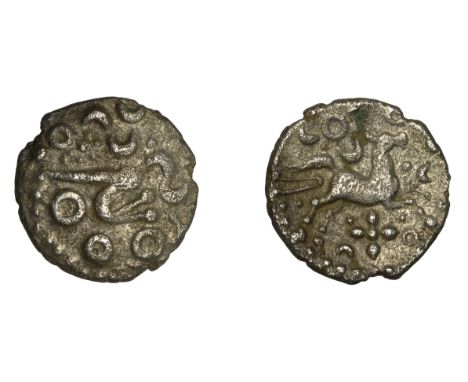 British Iron Age, DOBUNNI, silver Unit, Cotswold Crosses type, moon-head right, crescents and pellet rosettes before face, cr