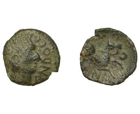 British Iron Age, CATUVELLAUNI, Andoco, bronze Unit, Roman type, head right, andoco in front, rev. horse right, andoco around