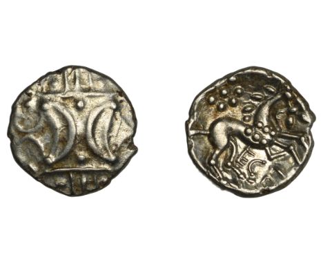 British Iron Age, ICENI, Ecen, silver Unit, Ecen Six type, two opposed crescents on wreath, rev. horse stepping right, pellet