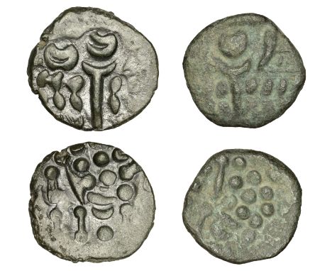 British Iron Age, DUROTRIGES, Hod Hill bronze Units (2), wreath with cloak and crescents, rev. disjointed horse left, pellets