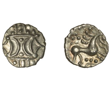 British Iron Age, ICENI, Ecen, silver Unit, Corn Ear type, opposing crescents separated by two pellets, on vertical wreath, r