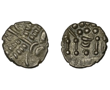 British Iron Age, DUROTRIGES, Uninscribed issues, silver Stater, disjointed head of Apollo, rev. disjointed horse left, 3.04g