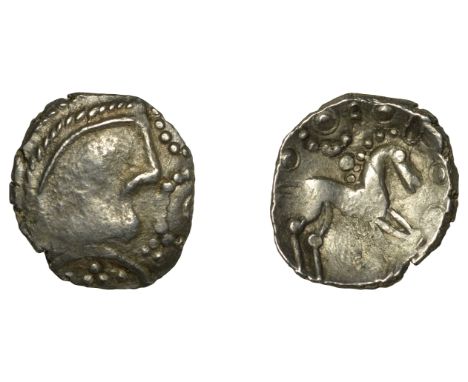 British Iron Age, ICENI, Uninscribed issues, silver Units, Early Face/Horse type, head right with circle of pellets in front,