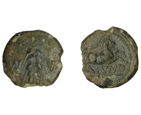 British Iron Age, CATUVELLAUNI, Cunobelin, bronze core for a plated Stater, Classic A, [-]a-m[-] divided by ear of barley wit