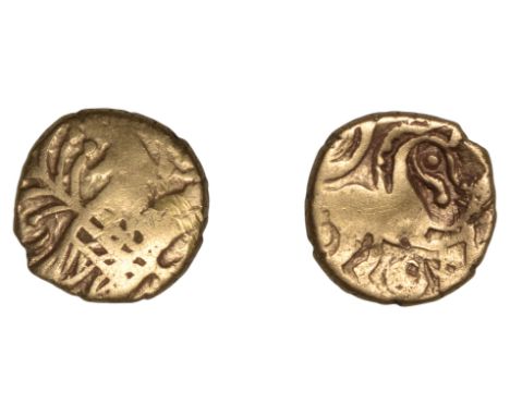 British Iron Age, ICENI, Uninscribed issues, Quarter-Stater, Irstead type, latticed box, wreaths at sides, rev. horse right, 