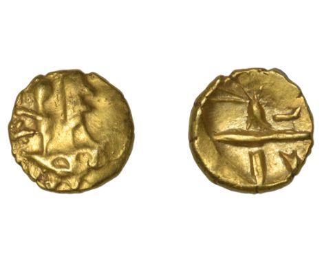 British Iron Age, CATUVELLAUNI, gold Quarter-Stater, Westerham type, two men on boat right, rev. tree motif with reversed l, 