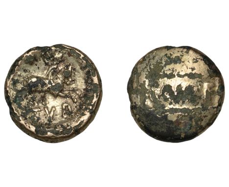 British Iron Age, ATREBATES and REGNI, Verica (AD 10 - 40), plated gold Stater, com f in tablet, rev. warrior on horse right,