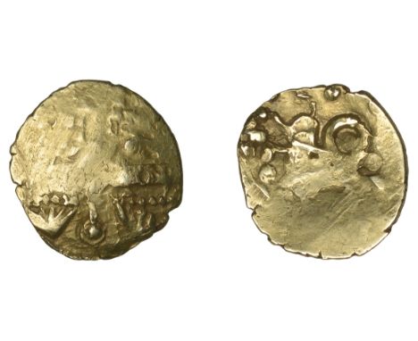 British Iron Age, CATUVELLAUNI, Early Uninscribed issues, Quarter-Stater, British La2 [Whaddon Rosette type], wreath, cloak a