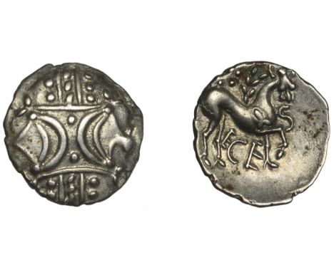 British Iron Age, ICENI, Ecen, silver Unit, Stepping Horse type, opposing crescents separated by two pellets on vertical wrea