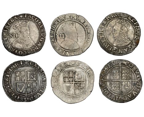 Elizabeth I, Sixth issue, Shilling, mm. tun,  bust 6B, 5.93g/12h (N 2014; S 2577); James I, First coinage, Shilling, mm. lis,