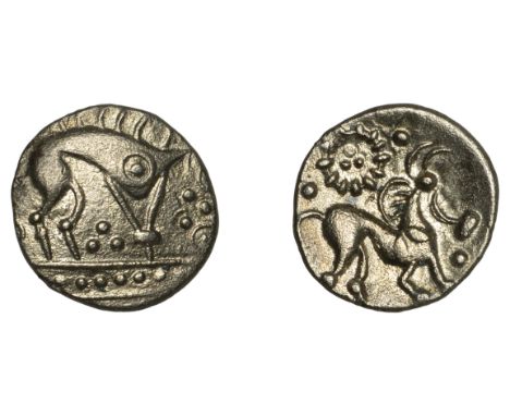 British Iron Age, ICENI, Uninscribed issue, silver Unit, Norfolk Boar Triadic, stylised boar right, single front and rear leg