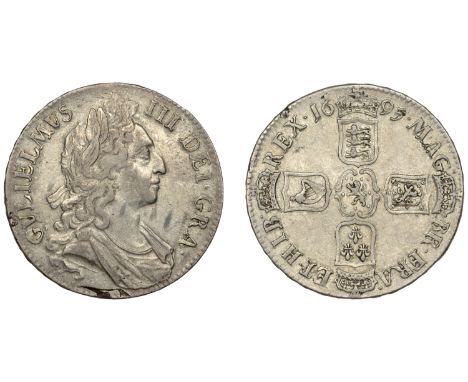 William III (1694-1702), Crown, 1695, first bust, edge septimo, cinquefoil stops on edge (ESC 990; S 3470). Good fine, scarce