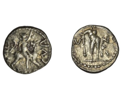 British Iron Age, CATUVELLAUNI, Cunobelin, silver Unit, Hercules standing right, holding club and lion-skin dividing cv-no, r
