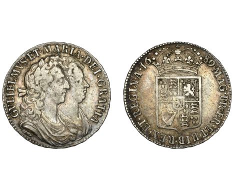 William and Mary (1688-1694), Halfcrown, 1689, first shield, caul only frosted, pearls, edge primo (ESC 831; S 3434). Good fi