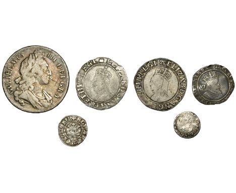 James I, Second coinage, Sixpence, 1606, mm. escallop, fourth bust, (N 2103; S 2658); William III, Crown, 1696, first bust, e