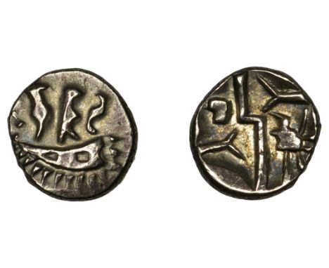 British Iron Age, DUROTRIGES, Uninscribed issues, silver Quarter-Stater, Duro Boat Bird type, crescent with three men in a bo