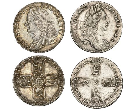 William III, Sixpence, 1697, third bust, large crowns (ESC 1237; S 3538); George II, Sixpence, 1758 (ESC 1763; S 3711) [2]. T