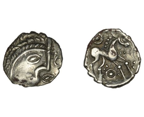 British Iron Age, ICENI, Uninscribed issues, silver Unit, Odin’s Eye type, disjointed head right, large oval eye in front of 