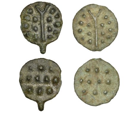 British Iron Age, DUROTRIGES, Hengistbury cast bronze Units (2), forked spike surrounded by pellets, rev. three rows of pelle