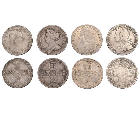 William III, Shilling 1697c (S 3499); Anne, Shilling, 1711 (S 3618); George II, Shillings (2), 1735, roses and plumes, 1745 L