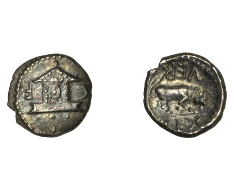 British Iron Age, ATREBATES AND REGNI, Verica, silver Minim, Temple type, Verica’s Temple dividing inverted c f, rev. bull ri