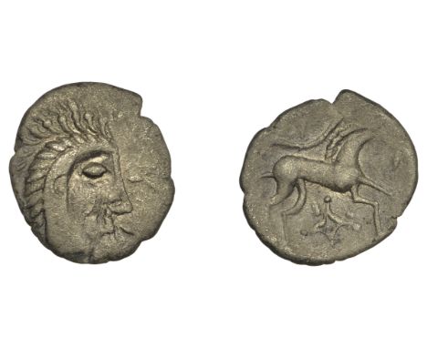 British Iron Age, ICENI, Uninscribed issues, silver Unit, Face/Horse type, stylised head right, wreath behind, triskeles in f