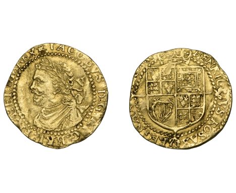 James I (1603-1625), Third coinage, Quarter-Laurel, second bust, mm. spur rowel, 2.22g/4h (cf. SCBI Schneider 93; N 2118; S 2