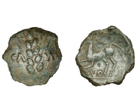 British Iron Age, CATUVELLAUNI, Cunobelin, bronze core for plated Stater, Classic A, cam[v] divided by ear of barley with fou