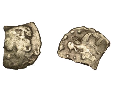 British Iron Age, TRINOVANTES, uninscribed series, Quarter-Stater, Clacton type, degraded ‘three men in a boat’ type, rev. ho