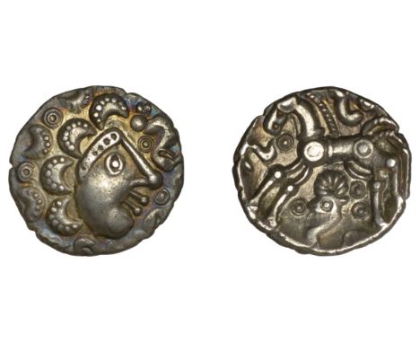 British Iron Age, DOBUNNI, silver Unit, Cotswold Cock [head type A], Moon right right with crescent hair, pellet stalk lips, 