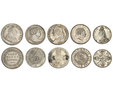 George II, Halfcrown, 1746 lima, edge decimo nono (ESC 1688; S 3695A); George III, Three Shillings, 1811, Halfcrowns (2), bot