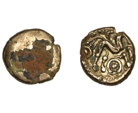 British Iron Age, ATREBATES and REGNI, Uninscribed issues, plated Stater, Selsey Uniface type, rev. triple-tailed horse right