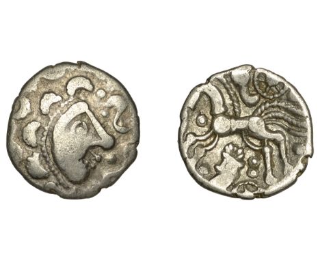 British Iron Age, DOBUNNI, silver Unit, Cotswold Cock [head type A], moon head right, pelleted crescents for hair, rev. tripl