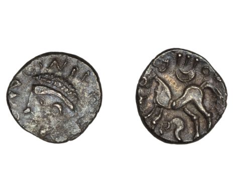 British Iron Age, ATREBATES and REGNI, Tincomarus (25 BC - AD 10), silver Unit, diademed head left, tincom[arvs] around, rev.