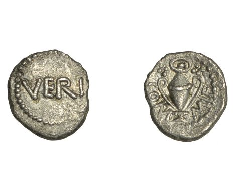 British Iron Age, ATREBATES AND REGNI, Verica, silver Minim, Verica Vase type, veri within pellet border, rev. tall wine vase